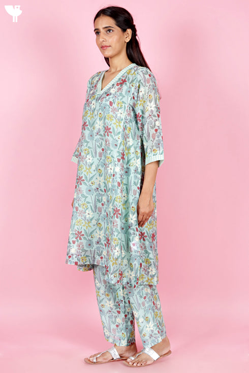 Chanderi Silk Kurta With Slip In Block Print