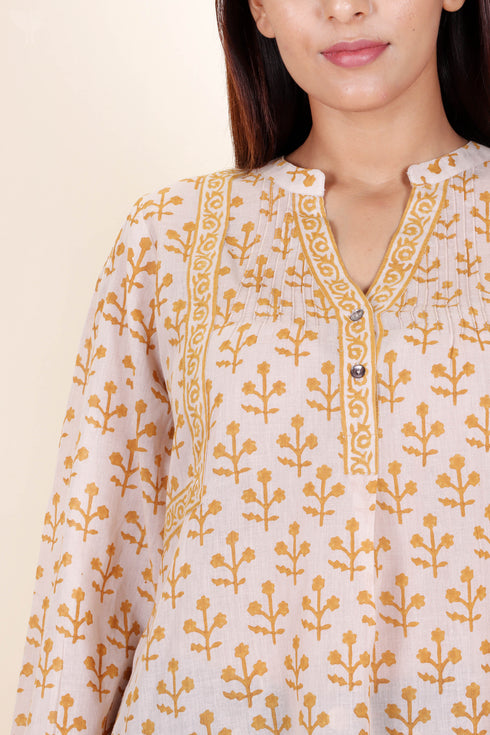 Mulmul Cotton Pintucked Top In Block Print