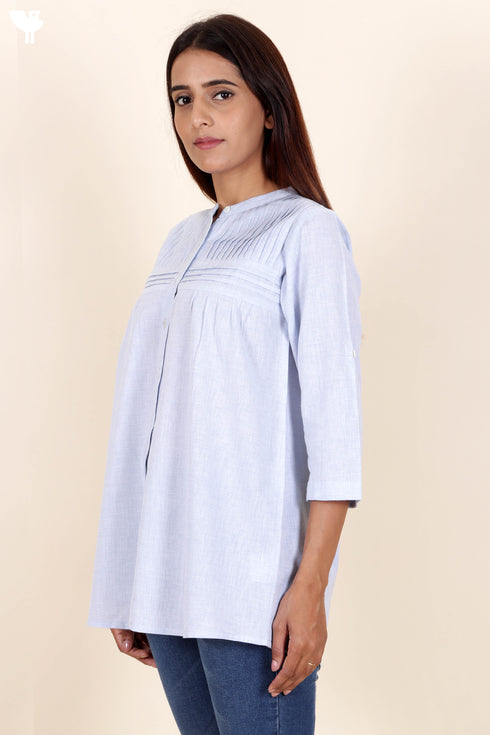 Chambray Cotton Button Down Top in Block Print