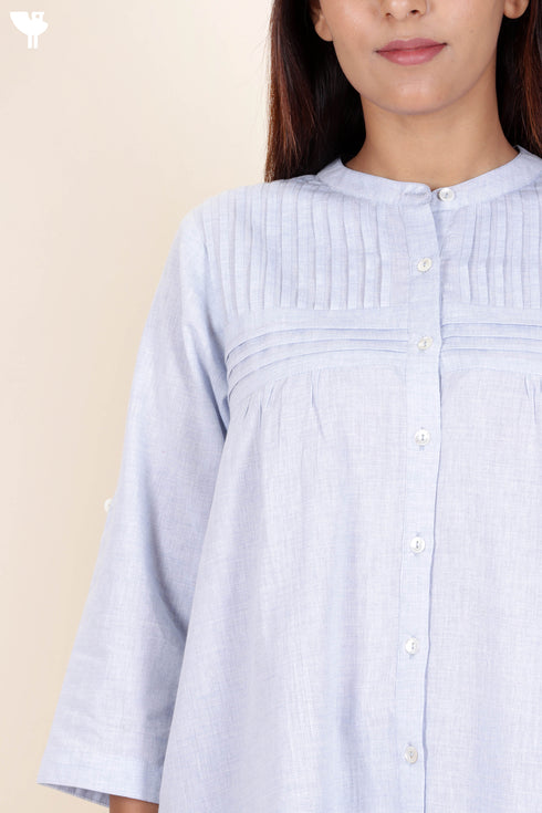 Chambray Cotton Button Down Top in Block Print
