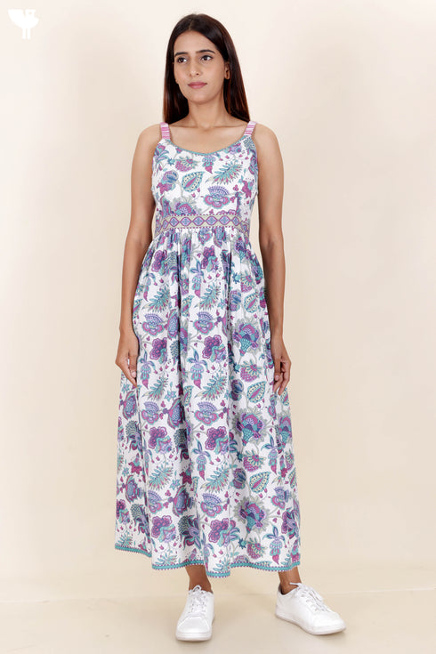 Cambric Cotton Strappy Dress With Floral Print