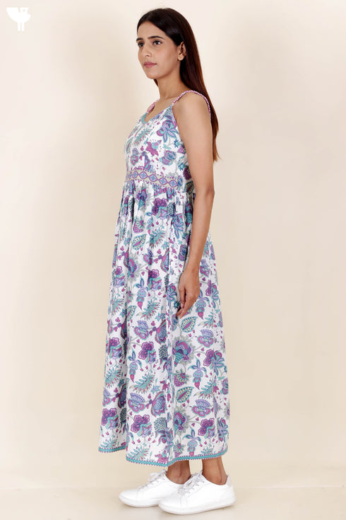 Cambric Cotton Strappy Dress With Floral Print