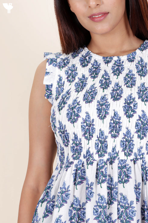 Cambric Cotton Sleeveless Dress With Block Print