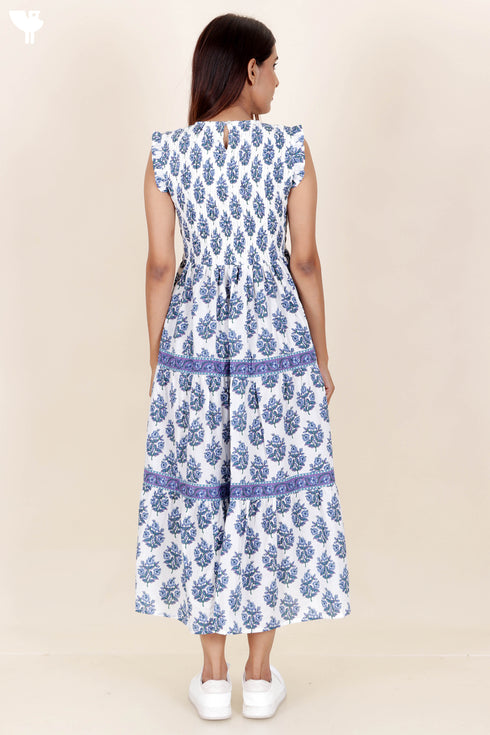 Cambric Cotton Sleeveless Dress With Block Print