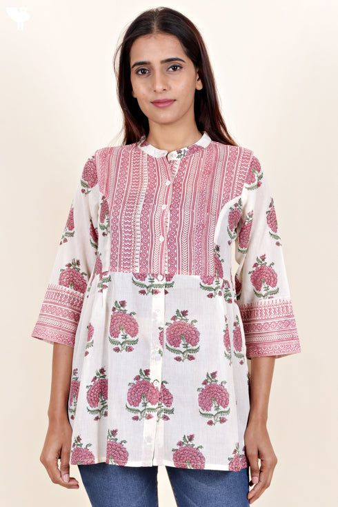 Mulmul Cotton Top In Floral Block Print