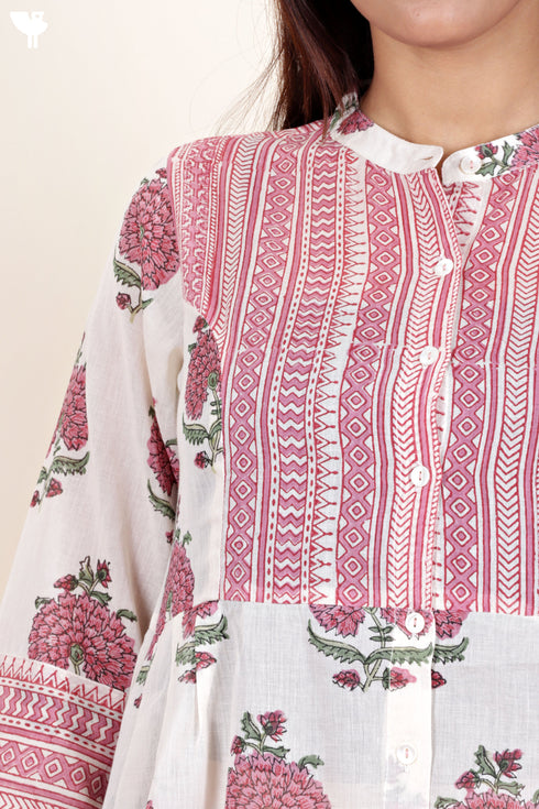 Mulmul Cotton Top In Floral Block Print