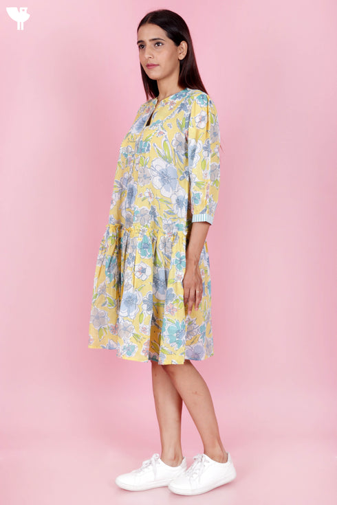 Mulmul Cotton Layered Dress In Floral Print