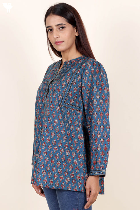 Cambric Cotton Pintuck Top In Block Print