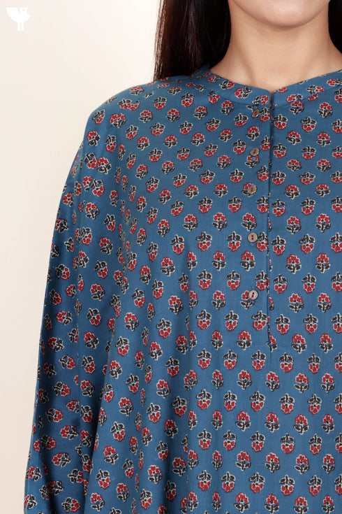 Cambric Cotton Poncho Top In Block Print