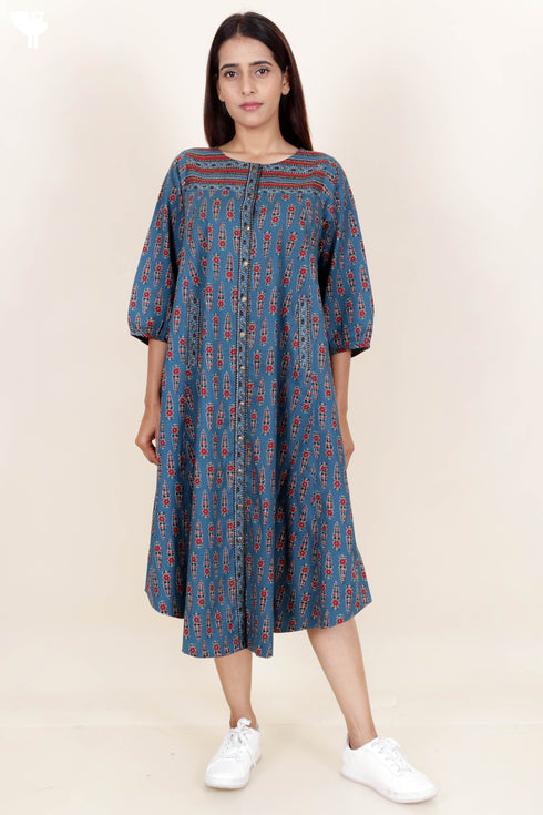 Cambric Cotton Midi Dress In Block Print
