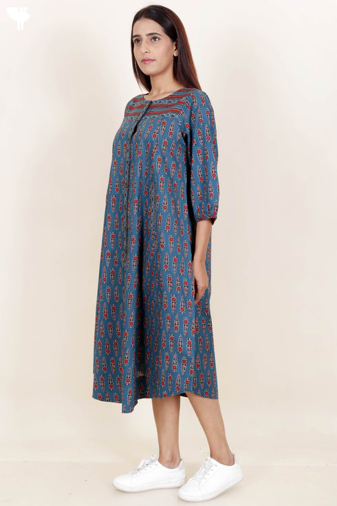 Cambric Cotton Midi Dress In Block Print
