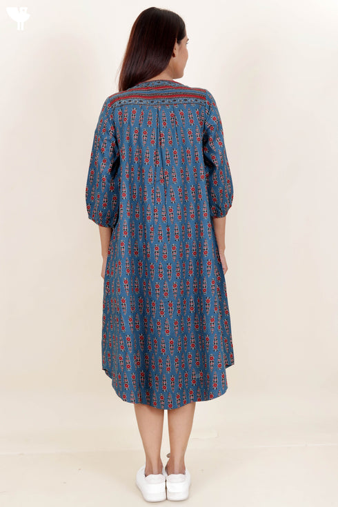 Cambric Cotton Midi Dress In Block Print