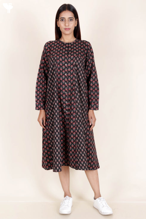 Cambric Cotton Midi Dress In Block Print