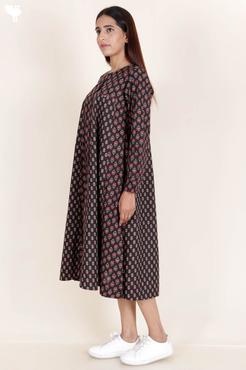Cambric Cotton Midi Dress In Block Print