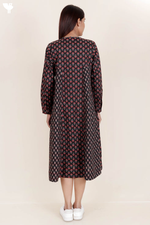 Cambric Cotton Midi Dress In Block Print