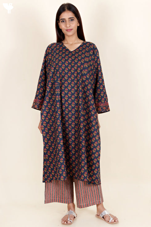 Cambric Cotton Paneled Kurta In Block Print