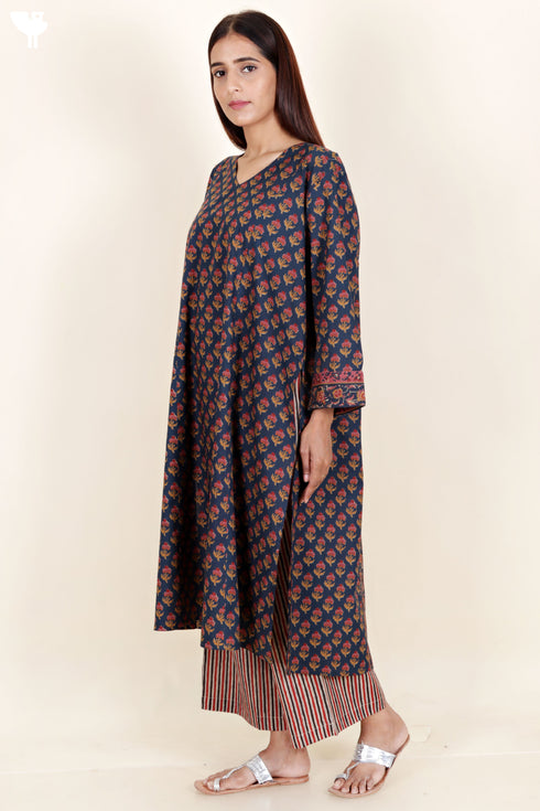 Cambric Cotton Paneled Kurta In Block Print