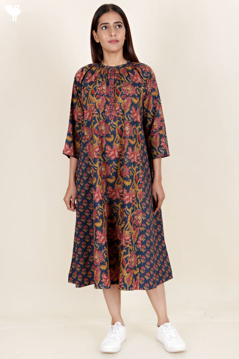 Cambric Cotton Paneled Dress In Block Print