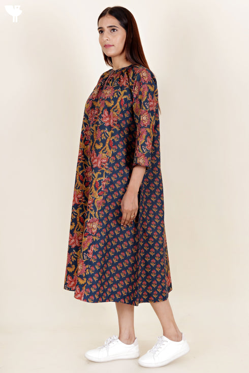 Cambric Cotton Paneled Dress In Block Print