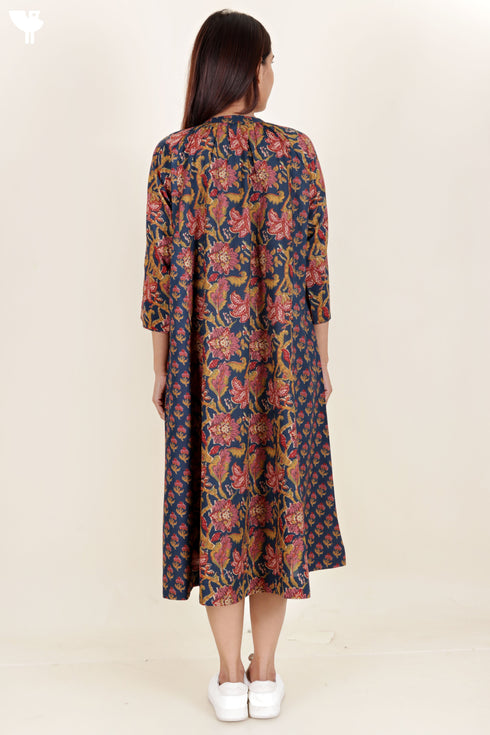 Cambric Cotton Paneled Dress In Block Print