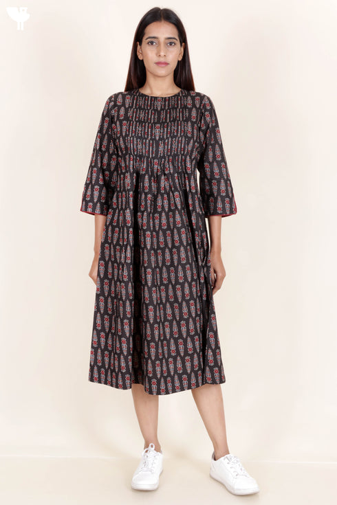 Cambric Cotton Midi Dress In Block Print