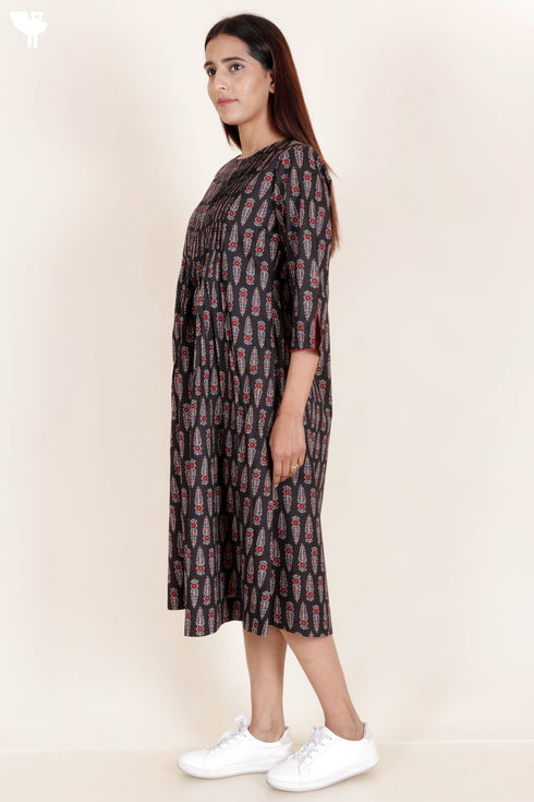 Cambric Cotton Midi Dress In Block Print