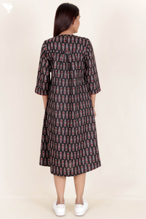 Cambric Cotton Midi Dress In Block Print