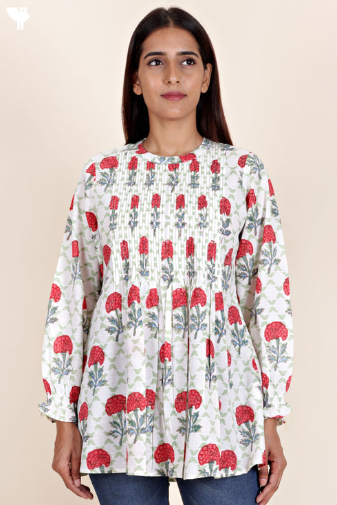 Slub Cotton Pintuck Top In Block Print