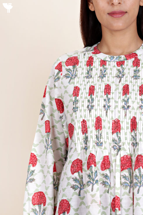 Slub Cotton Pintuck Top In Block Print