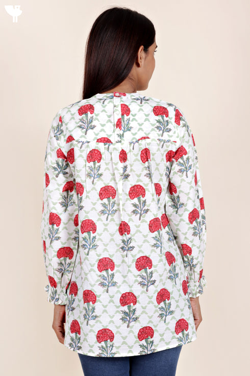 Slub Cotton Pintuck Top In Block Print