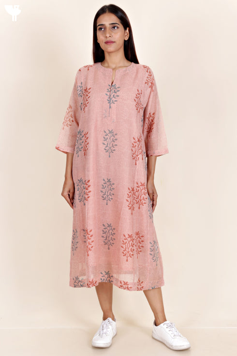 Chanderi Silk Dress With Slip In Floral Block Print