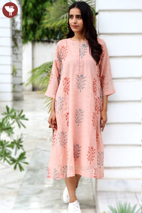 Chanderi Silk Dress With Slip In Floral Block Print