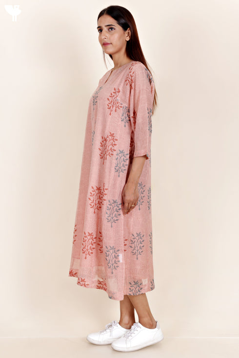 Chanderi Silk Dress With Slip In Floral Block Print