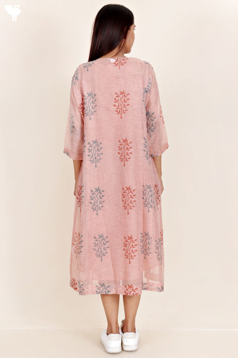 Chanderi Silk Dress With Slip In Floral Block Print