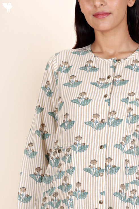 Khaadi Cotton Striped Dress In Block Print