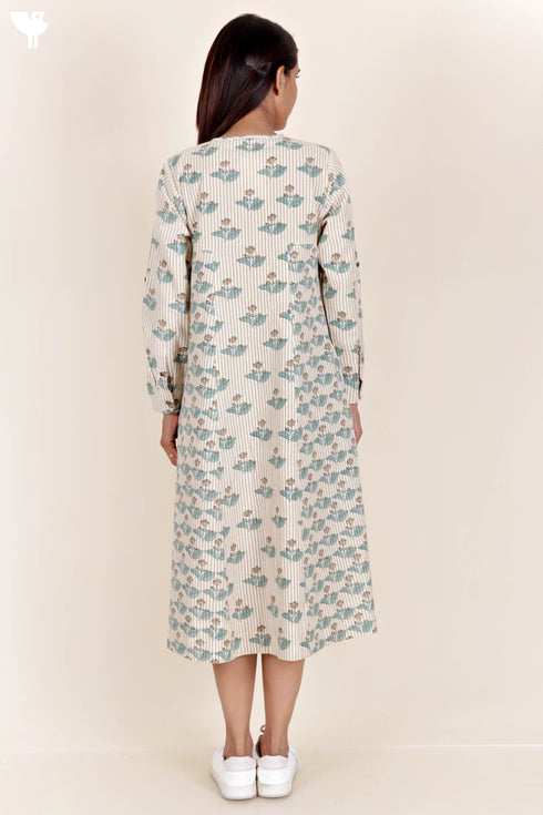 Khaadi Cotton Striped Dress In Block Print