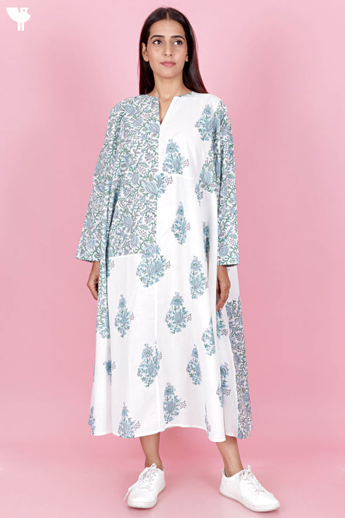 Cambric Cotton Dress In Floral Block Print