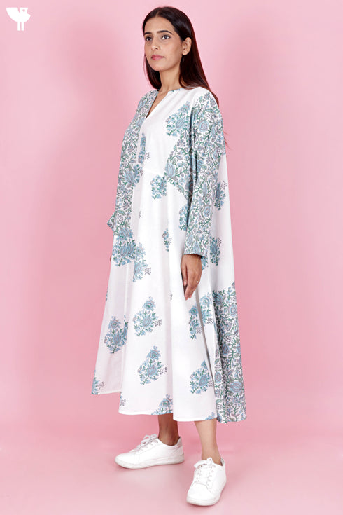 Cambric Cotton Dress In Floral Block Print