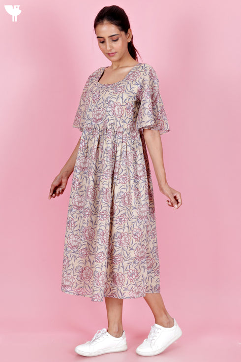 Mulmul Cotton Gathered Dress In Block Print