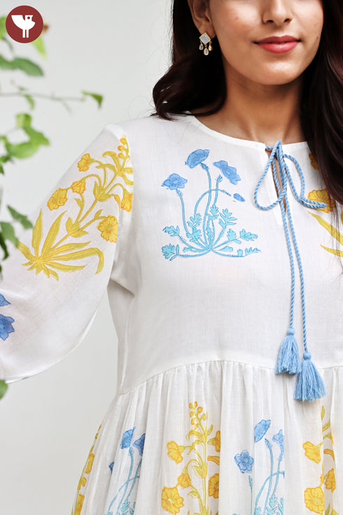 Mulmul Cotton Gathered Dress In Block Print
