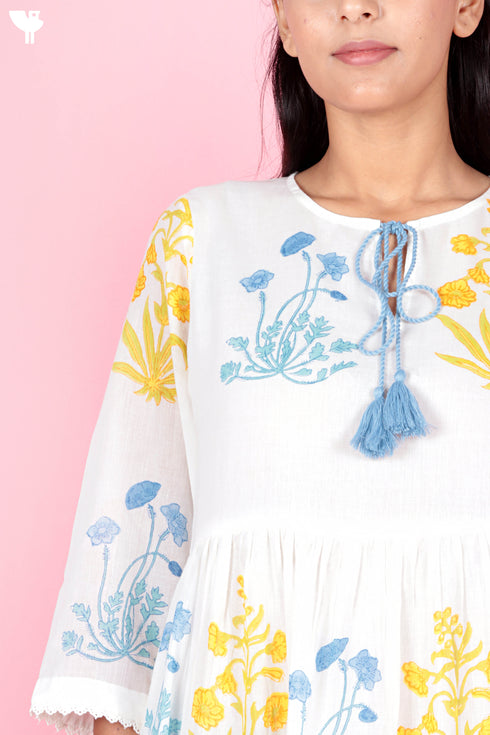 Mulmul Cotton Gathered Dress In Block Print