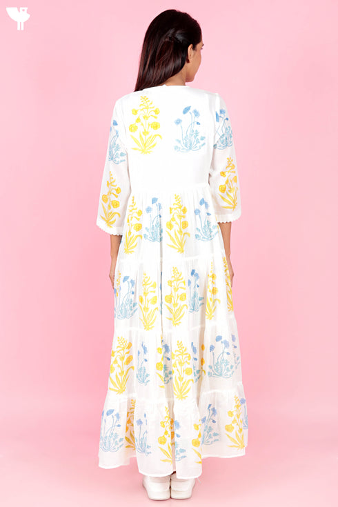 Mulmul Cotton Gathered Dress In Block Print