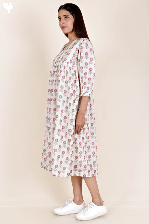 Mulmul Cotton Dress In Block Print