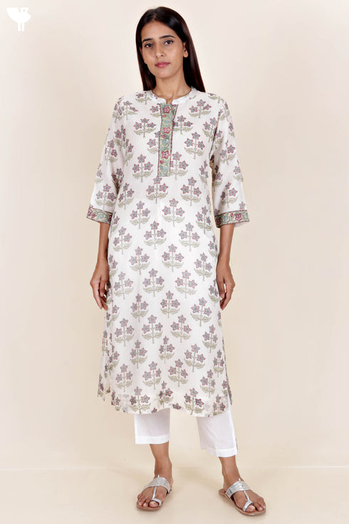 Chanderi Silk Kurta In Floral Block Print