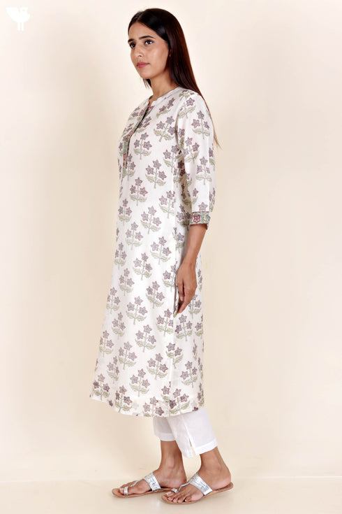 Chanderi Silk Kurta In Floral Block Print