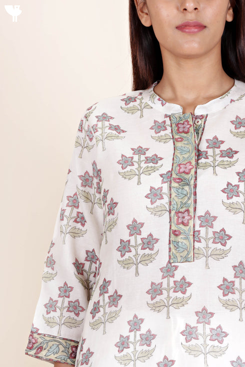 Chanderi Silk Kurta In Floral Block Print