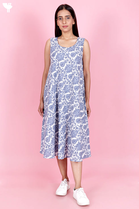 Cambric Cotton Sleeveless Dress In Block Print