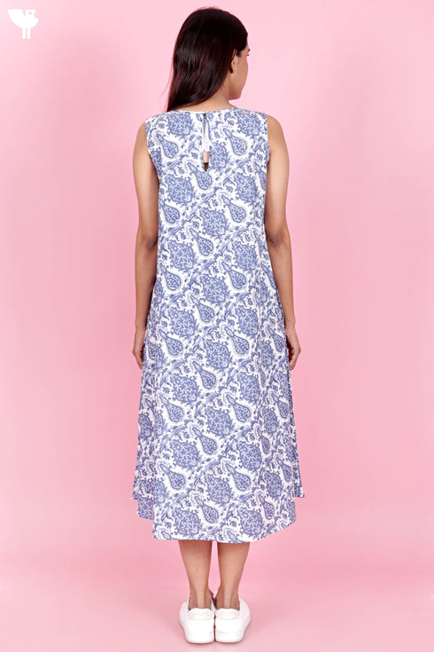 Cambric Cotton Sleeveless Dress In Block Print