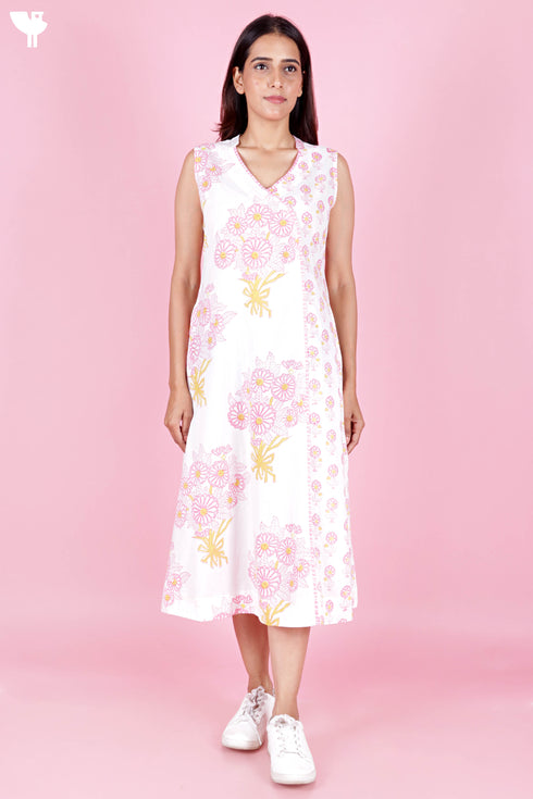 Cambric Cotton Sleeveless Dress In Floral Block Print