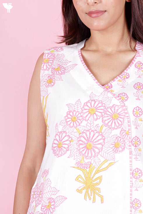 Cambric Cotton Sleeveless Dress In Floral Block Print